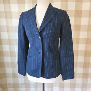 Hennes Navy Blue Pinstripe Tailored Linen Blazer Jacket Preppy Nautical Size 6